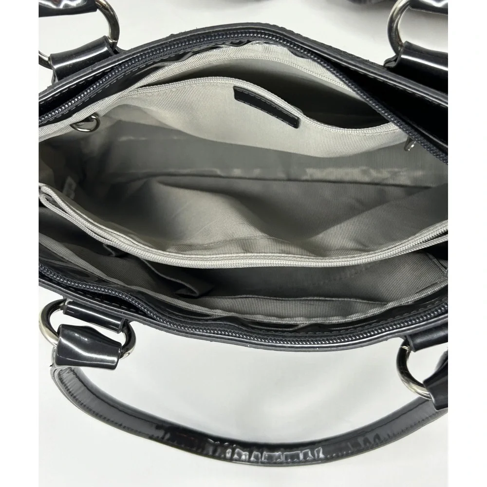 Beijo Classic Handbag Charcoal Patent Faux Leather Satchel‎ Top Handle Purse EUC